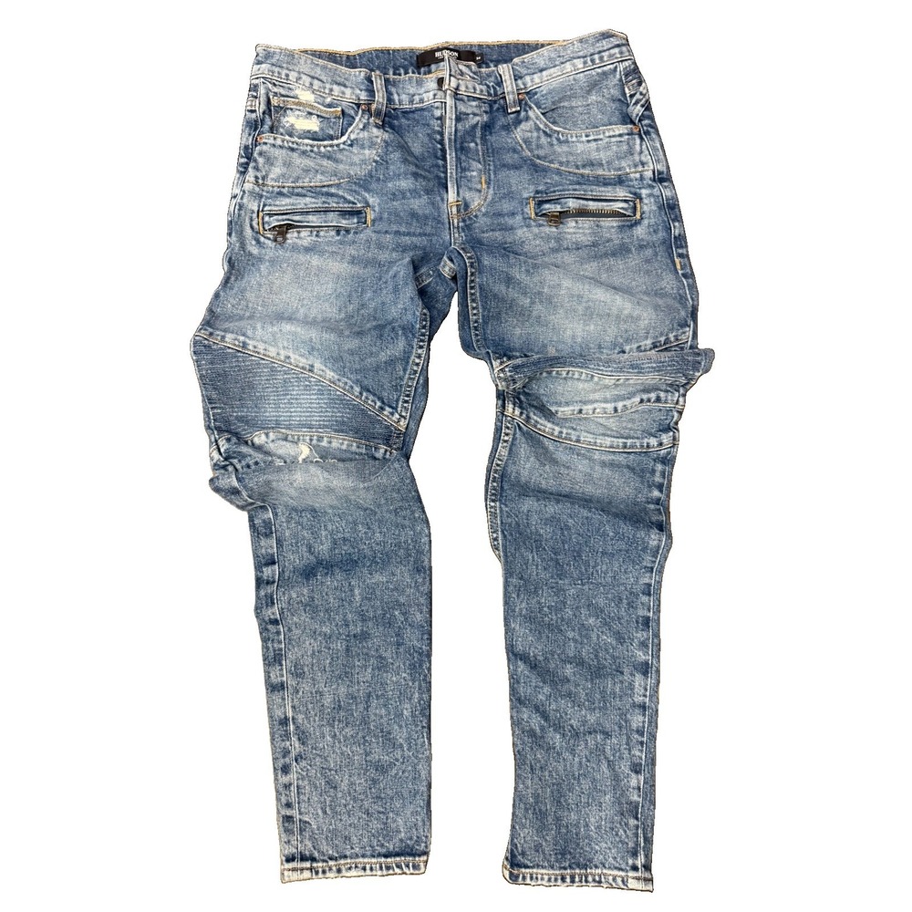 Hudson Blinder V2 Biker Jeans Men's 34 Blue Distressed Moto Zip Skinny Denim